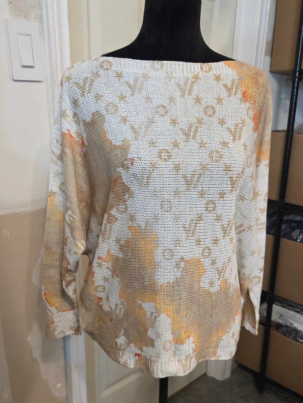 Brand Bazar White & Gold Knit Pullover Sweater Top Italia Long Bat Wing Sleeve